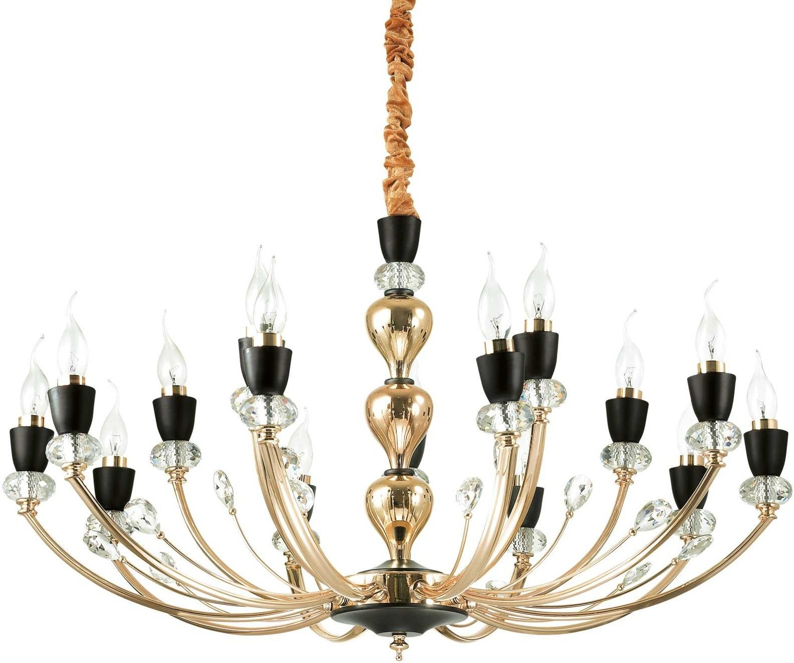 Pendel Lampe Ideal Lux Vanity Gyldent Metalstel Sorte Detaljer Krystaller ø88 Cm Justerbar Højde 65-91 Cm