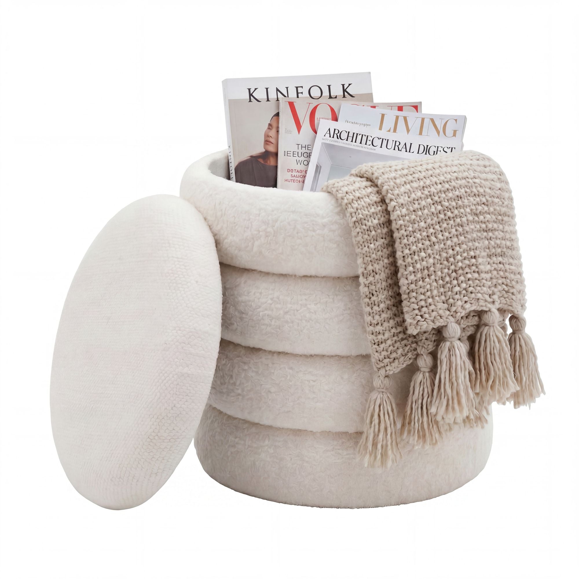 Puf Med Opbevaring Teddystof ø40 Cm Creme Håndlavet