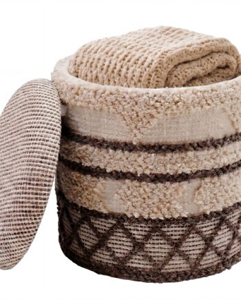 Puf Med Opbevaring   Uld ø40 Cm Beige Håndlavet