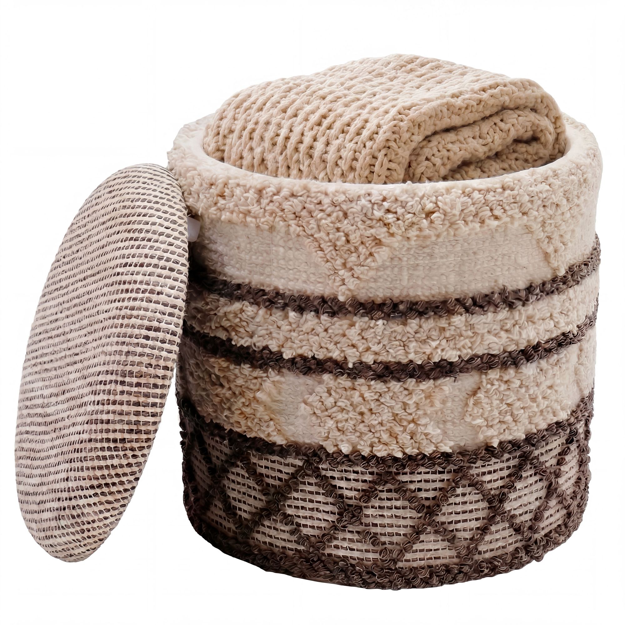 Puf Med Opbevaring Uld ø40 Cm Beige Håndlavet