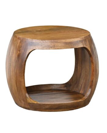 Rundt Sidebord 50 Cm   Massivt Mangotræ   Håndlavet Designbord Med Hylde