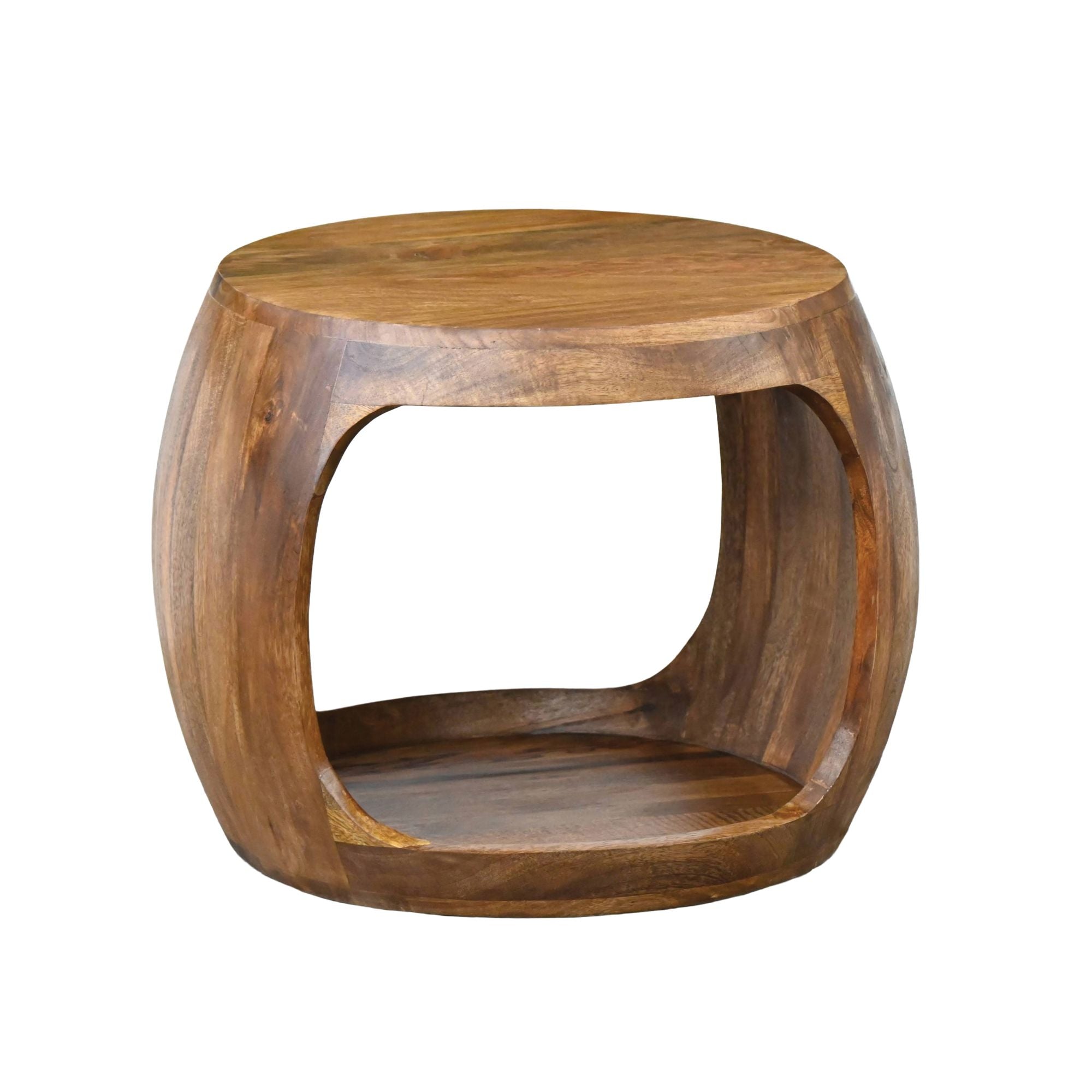 Rundt Sidebord 50 Cm Massivt Mangotræ Håndlavet Designbord Med Hylde