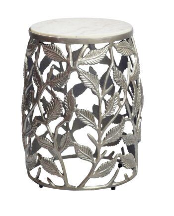 Rundt Sidebord 40 Cm   Sølv Aluminium Med Hvid Marmorbordplade   Moderne Designbord