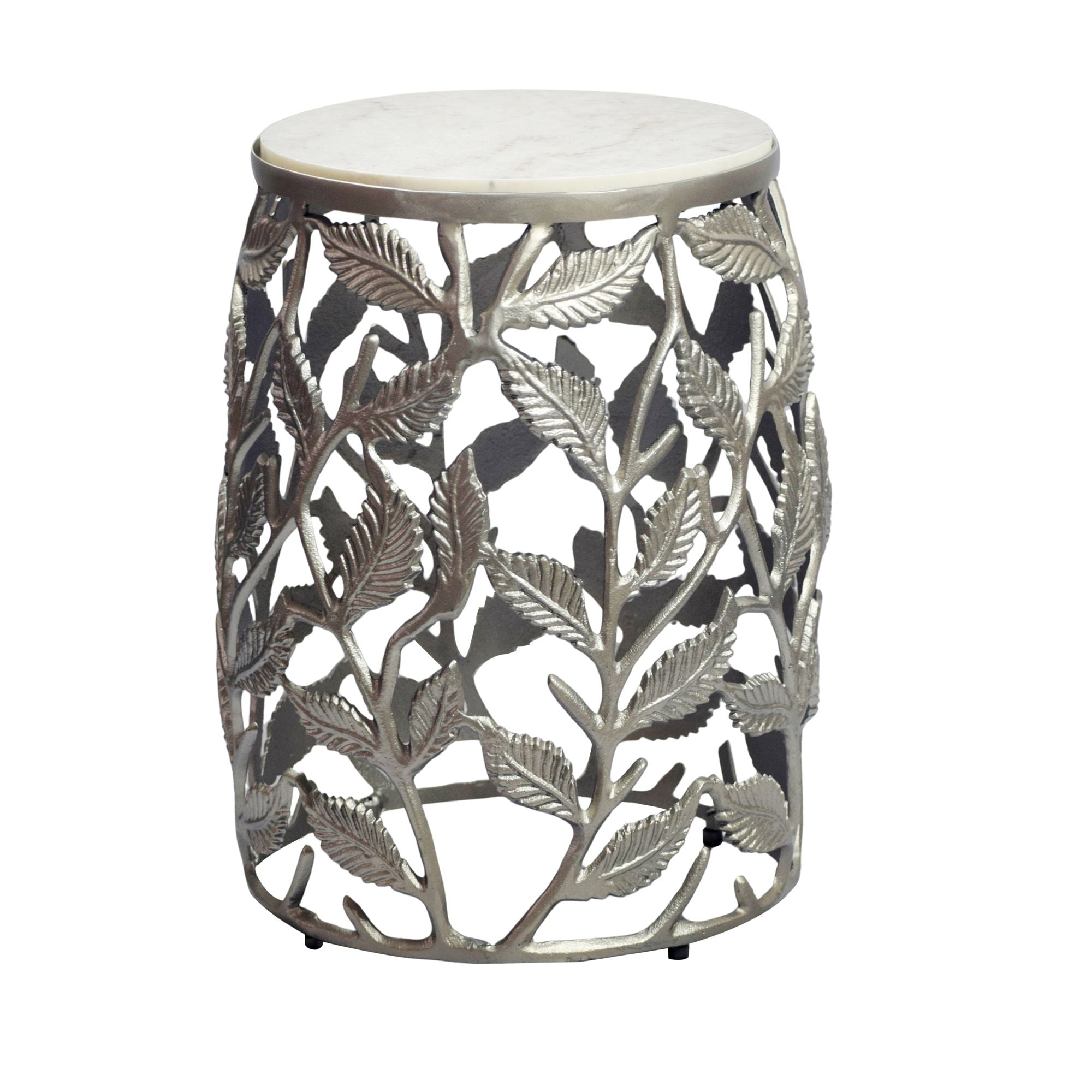 Rundt Sidebord 40 Cm Sølv Aluminium Med Hvid Marmorbordplade Moderne Designbord