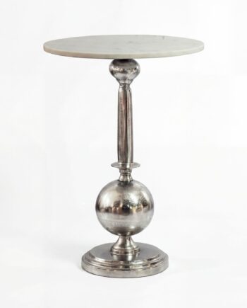 Rundt Sidebord Med Hvid Marmorplade Og Sølvfarvet Metalstel ø40 Cm Håndlavet