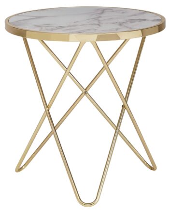 Rundt Sofabord   Hvidt Marmorlook Med Guld 55 Cm