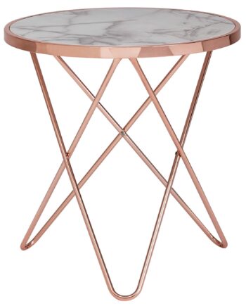 Rundt Sofabord   Hvidt Marmorlook Med Kobber 55 Cm
