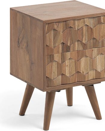 Sengebord Kave Home Khaleesi   Massivt Akacietræ Med Udskæringer Rustik Moderne Natbord H55xb35xl40 Cm