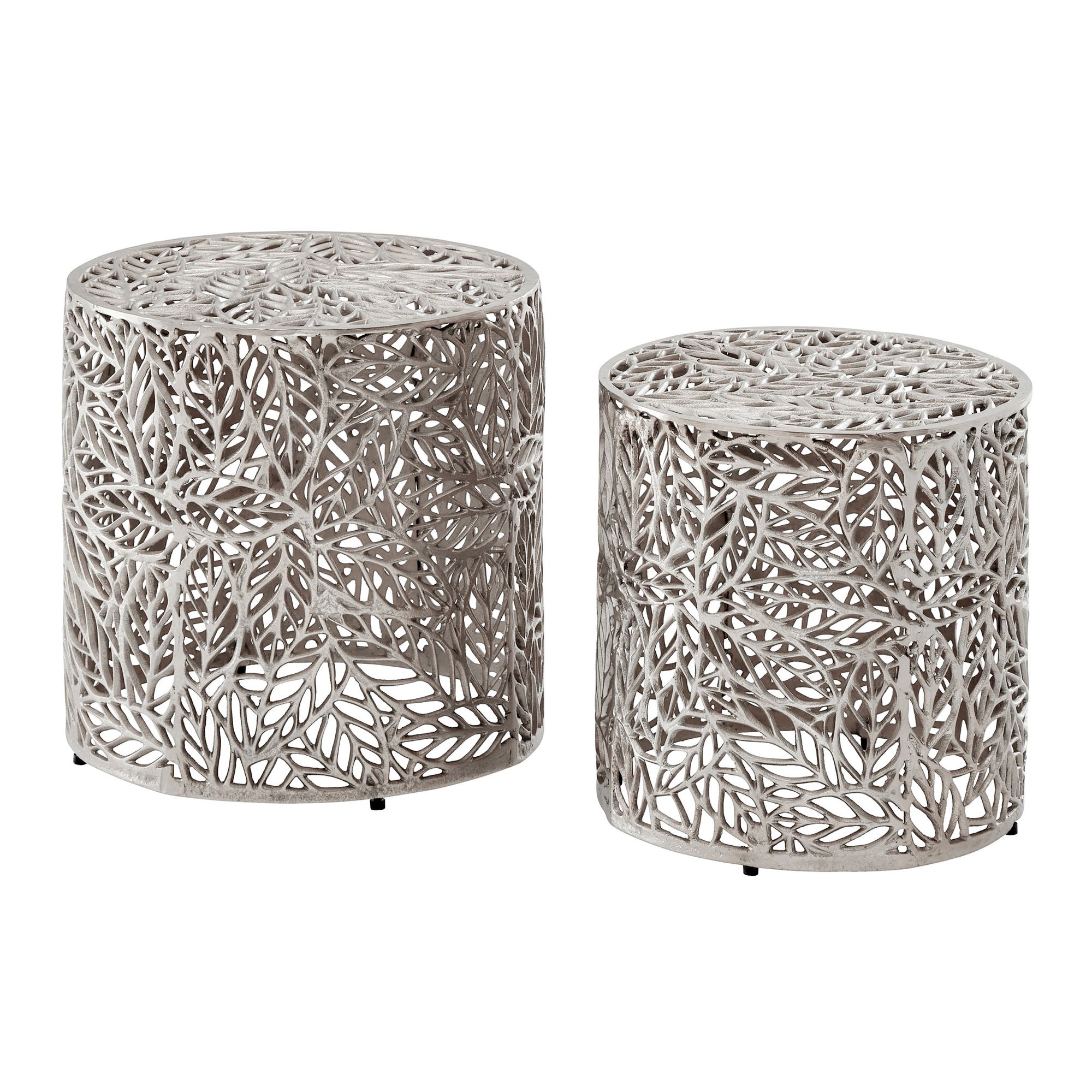 Sidebord Aluminium -delt Sæt Rundt Sølv Sidebord Med Bladmotiv Dekorativt Sofabord Alu Design Moderne Metalbord Håndlavet