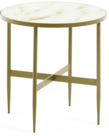 Sidebord Kave Home Elisenda   Hærdet Glas Småbord Med Marmorfinish Og Guldstel ø50 Cm