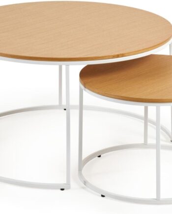 Sidebordssæt Kave Home Yoana Foldbart   Stk Egetræsfinér   Hvidt Pulverlakeret Metal ø80x45 Cm