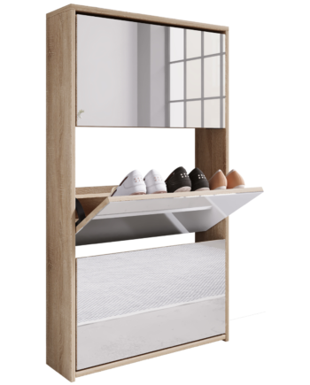 Skoskab Med Vippefunktion Og Spejl  112   63   17 Cm  Hvid Og Naturfarvet