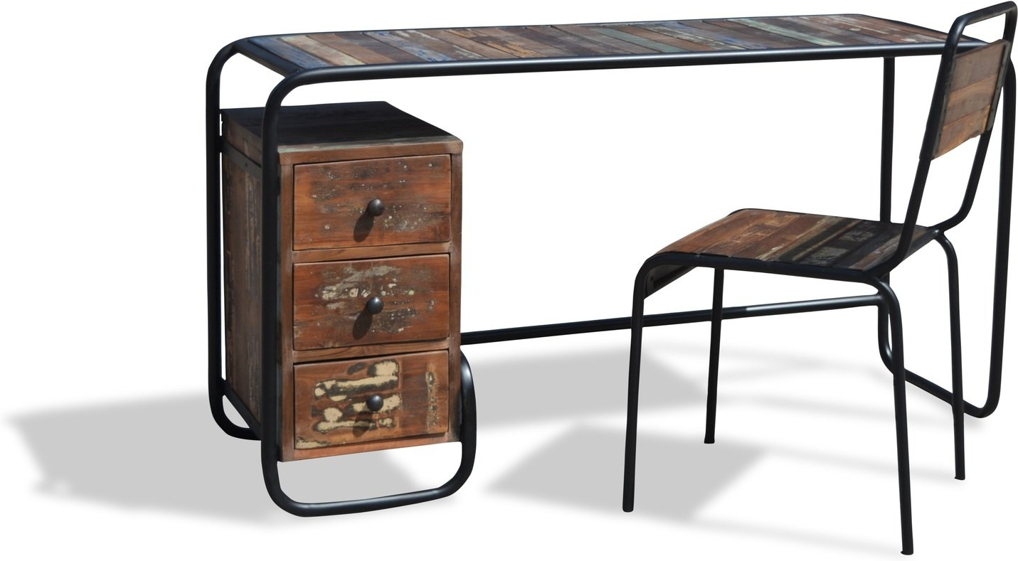 Skrivebord Obuzi Christiania Hip Rustikt Genbrugstræ Jernramme Tre Skuffer H74ã B140ã D45 Cm Multifarvet Bæredygtigt Design