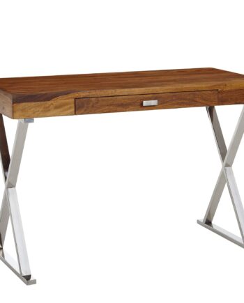 Skrivebord 120x55x78 Cm Sheesham Massivt Træ   Forkromet Metal  Designer Kontorbord Med Skuffe  Hjemmekontor Bærbar Computerbord Med Opbevaringsplads