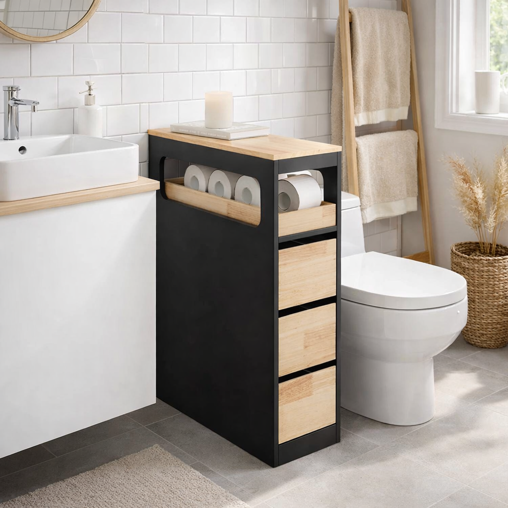 Smalt Badeværelsesskab Med Skuffer Pladsbesparende Rullevogn På Hjul Velegnet Til Badeværelse Toilet Og Køkkenopbevaring 65x23x82 Cm Sort