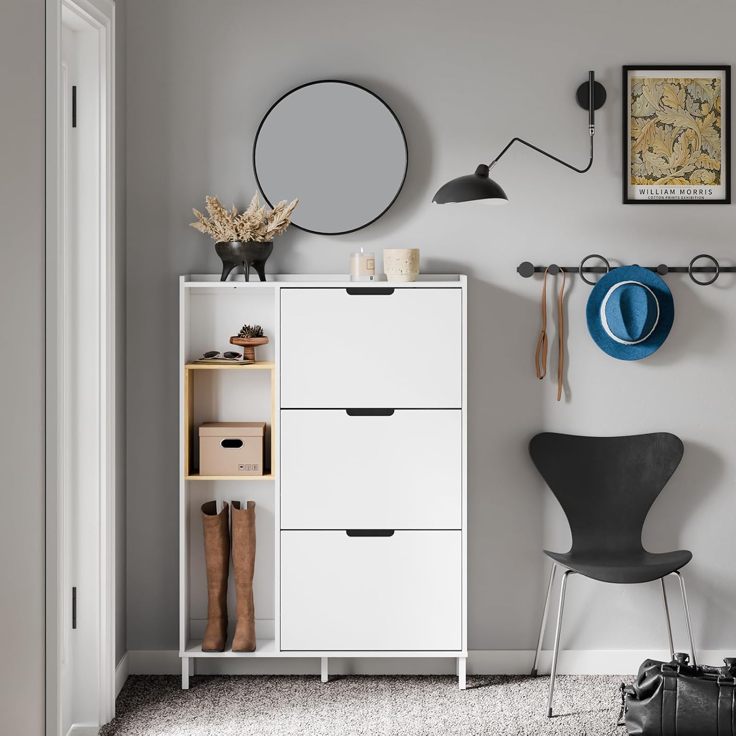 Smalt Hvidt Skoskab Med Bambus Kompakt Skab Med Klaplåger Og åben Træramme Pladsbesparende Og Ideelt Til Entré Og Gang 90 19 129 Cm