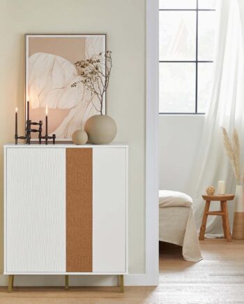 Smuk Skænk   Japandi Stil  80x34x95 Cm  Hvid Med Brun Stribe