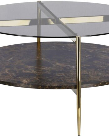 Sofabord Kave Home Kamilah Rund Tonet Glas Marmoreffekt Hylde Guldfarvet Stålramme H43xø84