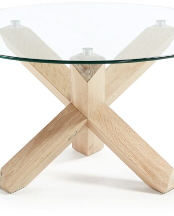 Sofabord Kave Home Lotus  Rund Hærdet Glasplade  Voksbehandlet Egetræ Hvid Finish ø65ã 45 Cm Nordisk Design