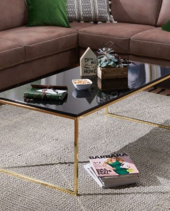 Sofabord Med Guldfarvet Ramme  Bordplade   Sort Glas  120 Cm