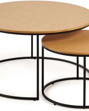 Sofabordssæt Kave Home Yoana   Dele Natur Egefiner   Mat Sort Metal ø80 Cm H45
