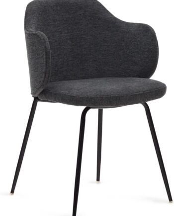 Spisebordsstol Kave Home Yunia Med Armlæn Grå Chenille Stof Pulverlakeret Sort Metalstel