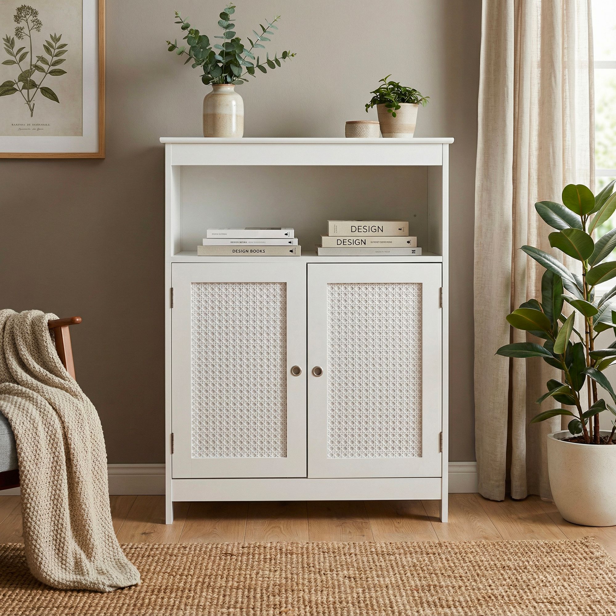 Stående Skab Hvidt 80cm Opbevaringsskab Med Låger Rattandesign Og Hylde Kommode Med Skuffer Wienerflet-sideskab