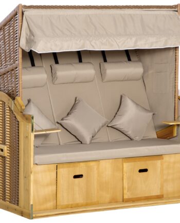 Strandstol Solseng Med Baldakin    Klapborde  Fodstøtte  Chaiselong  Justerbar Ryglæn Med   Positioner     Polyrattan  Naturlig Finish  150   79   160 Cm