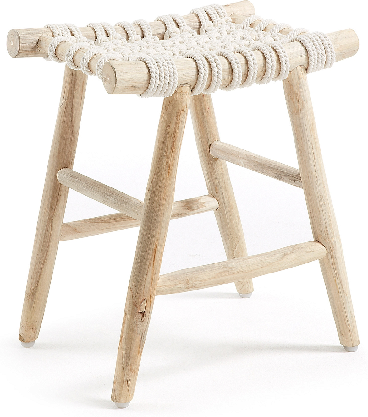 Taburet Kave Home Edgard Rustik Teak   Bomuldsreb Natur Hvid 45x32x45 Cm