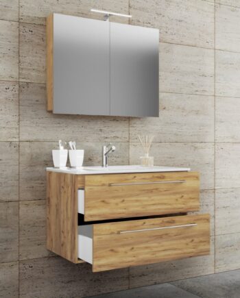 Underskab Med Keramisk Vask Og Spejl  50   80   46 Cm  Farve: Naturfarvet Honning Eg