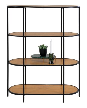 Vita Reol Oval Reol Med   Hylder  Egetræslook Med Sorte Ben  85x36x111 Cm