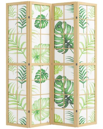 -delt Rumdeler  Foldbar  Boho Design  Tropisk Motiv  Fritstående Rumdeler  Træramme  Grøn