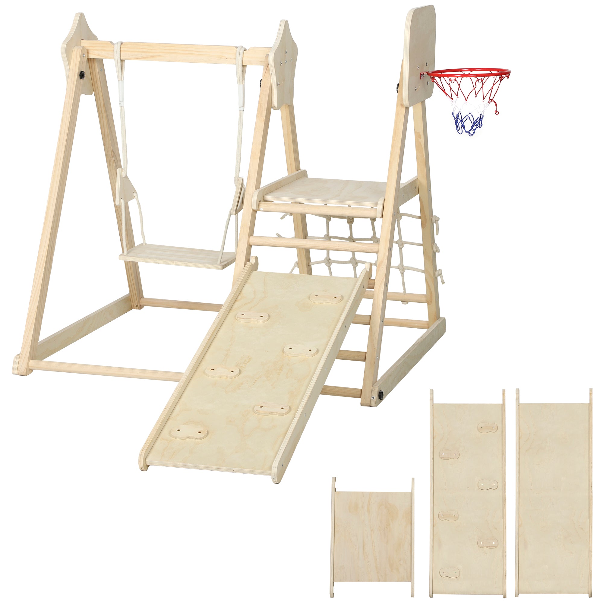 - - Indendørs Klatrestativ Med Rutsjebane Gynge Klatrenet Basketballkurv Foldbar - år Naturtræ
