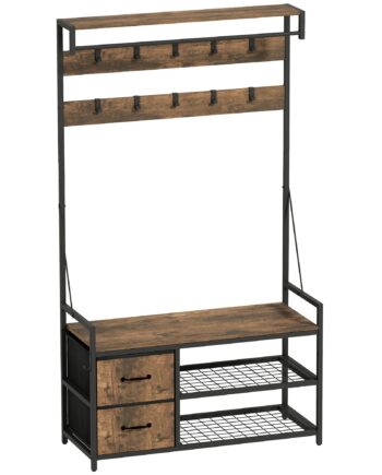 - -  Knagerække Med Skohylde  Industriel Stil  10 Kroge    Stofskuffer  Metal  Brun