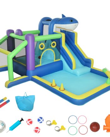 - -  Oppustelig Hoppeborg Med Hajdesign  Blæser  Rutsjebane  Børnebassin Og Trampolin Til Alderen  -   405x345x235cm  Flerfarvet