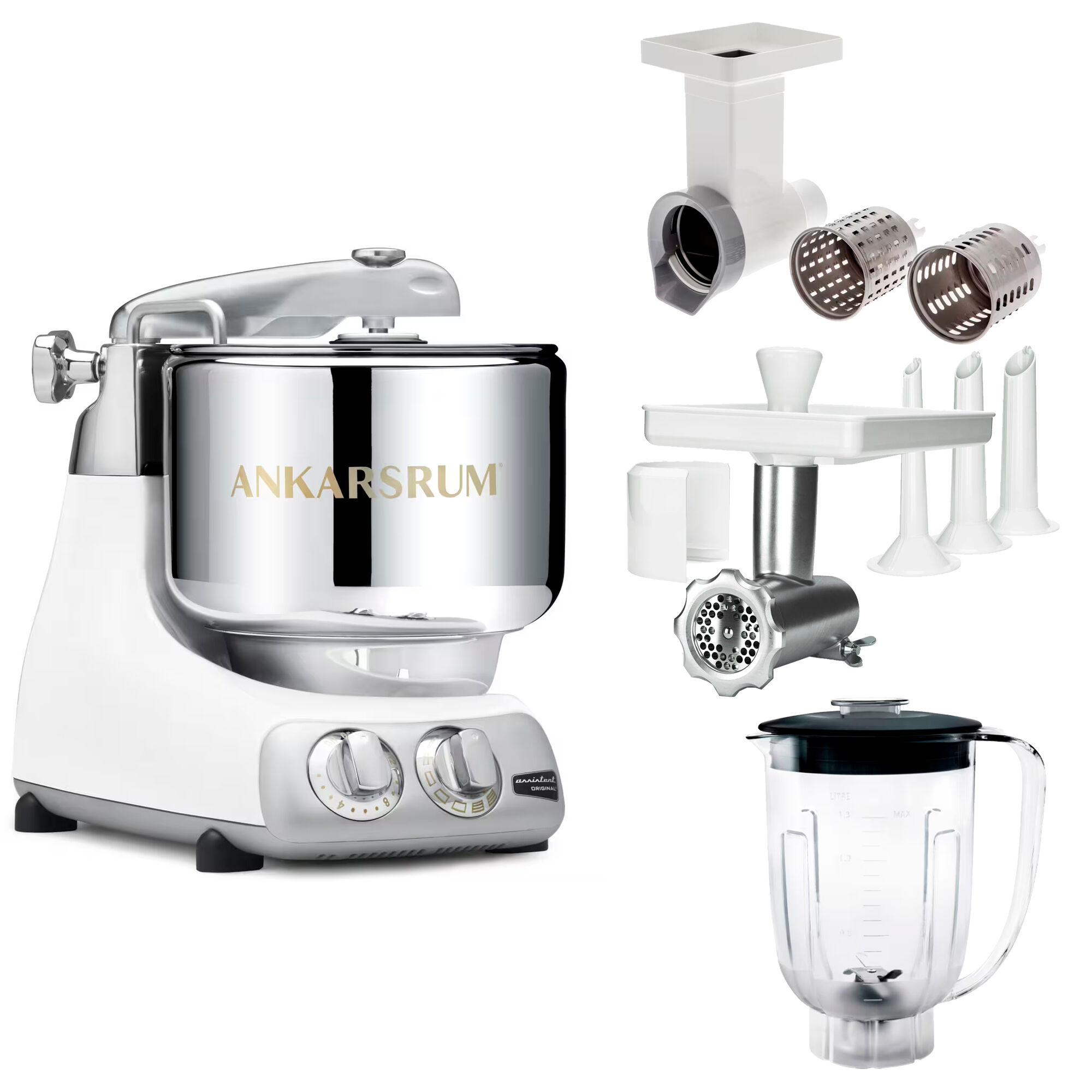 Ankarsrum Assistent Original Akm 6230 Køkkenassistent Med Kødkværn Rive Skæretilbehør Og Blenderkande Glossy White