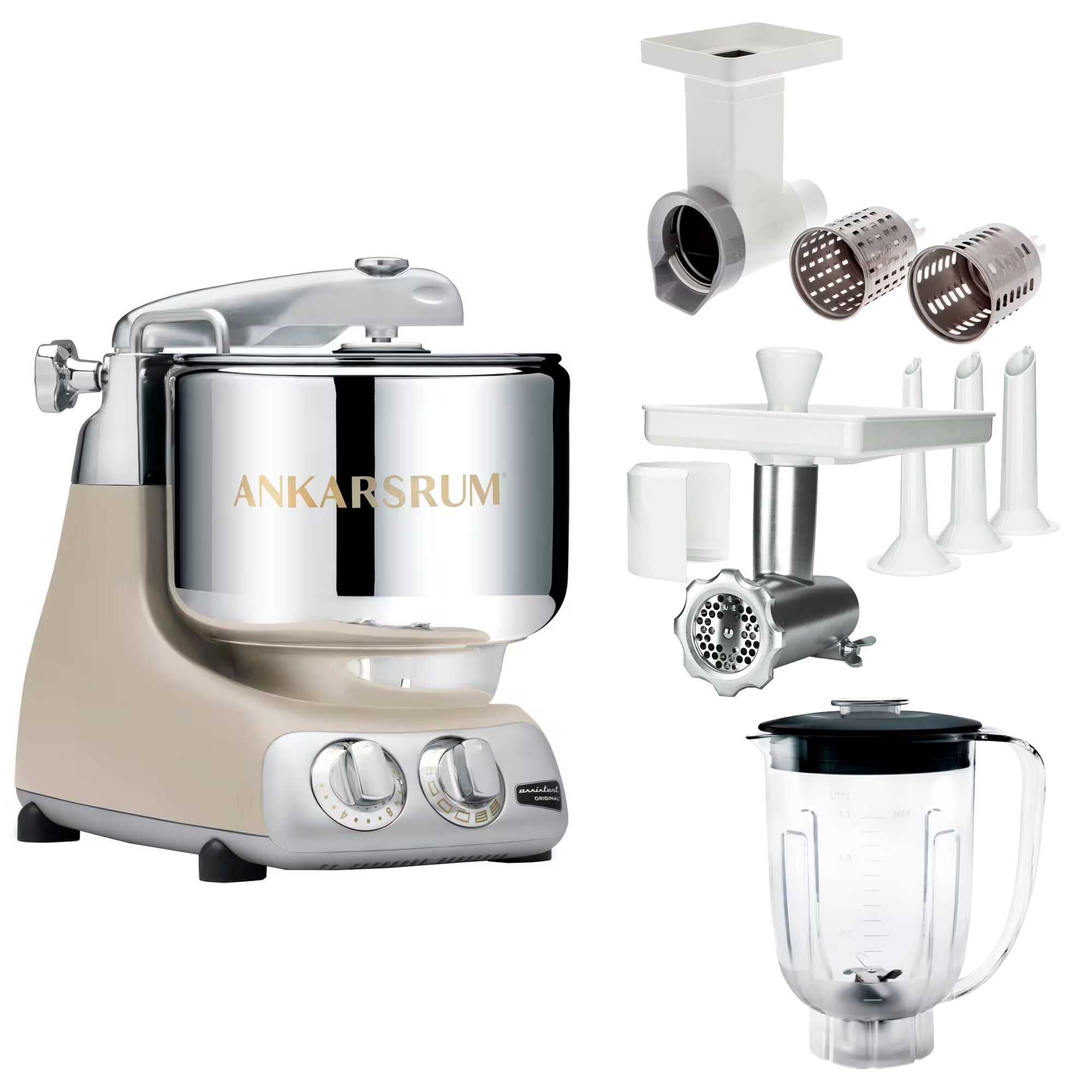 Ankarsrum Assistent Original Akm 6230 Køkkenassistent Med Kødkværn Rive Skæretilbehør Og Blenderkande Harmony Beige
