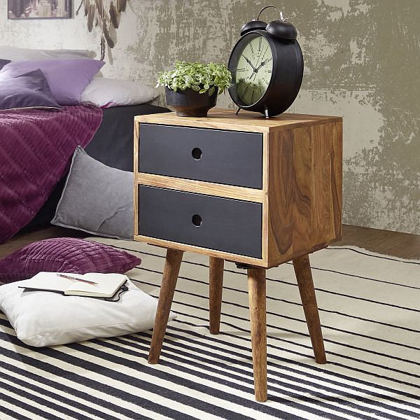 Designer Retro Natbord   Massivt Træ Natbord Med   Skuffer  Mørkebrun   Sort