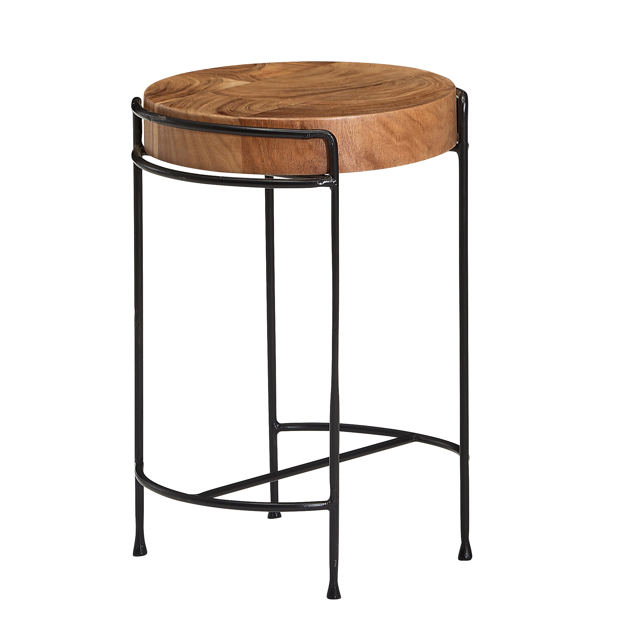 Designer Sidebord   Japandi Stil  Massivt Akacietræ  Smukke Metalben  35x51x35 Cm  Brun
