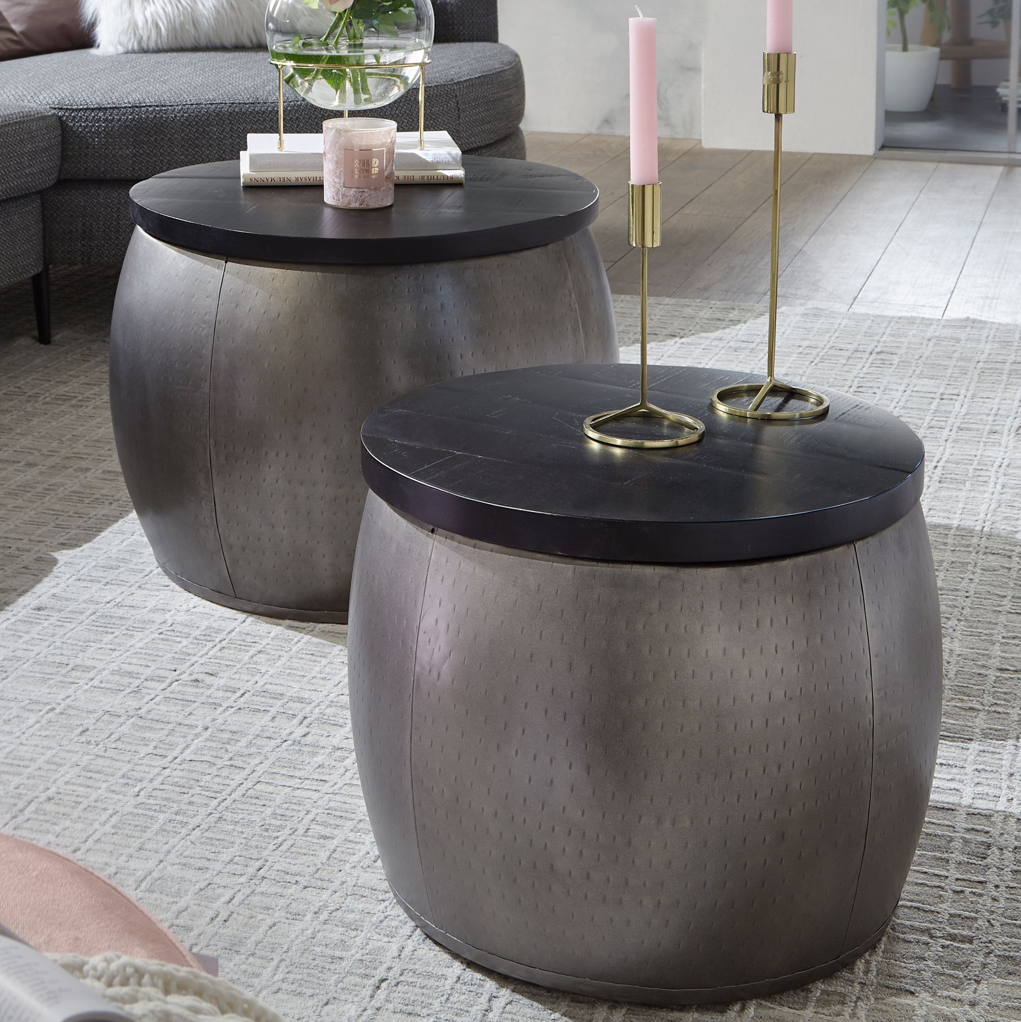 Designer Sofaborde  Sæt Med    Metal Og Træ  Sort Og Sølvfarvet