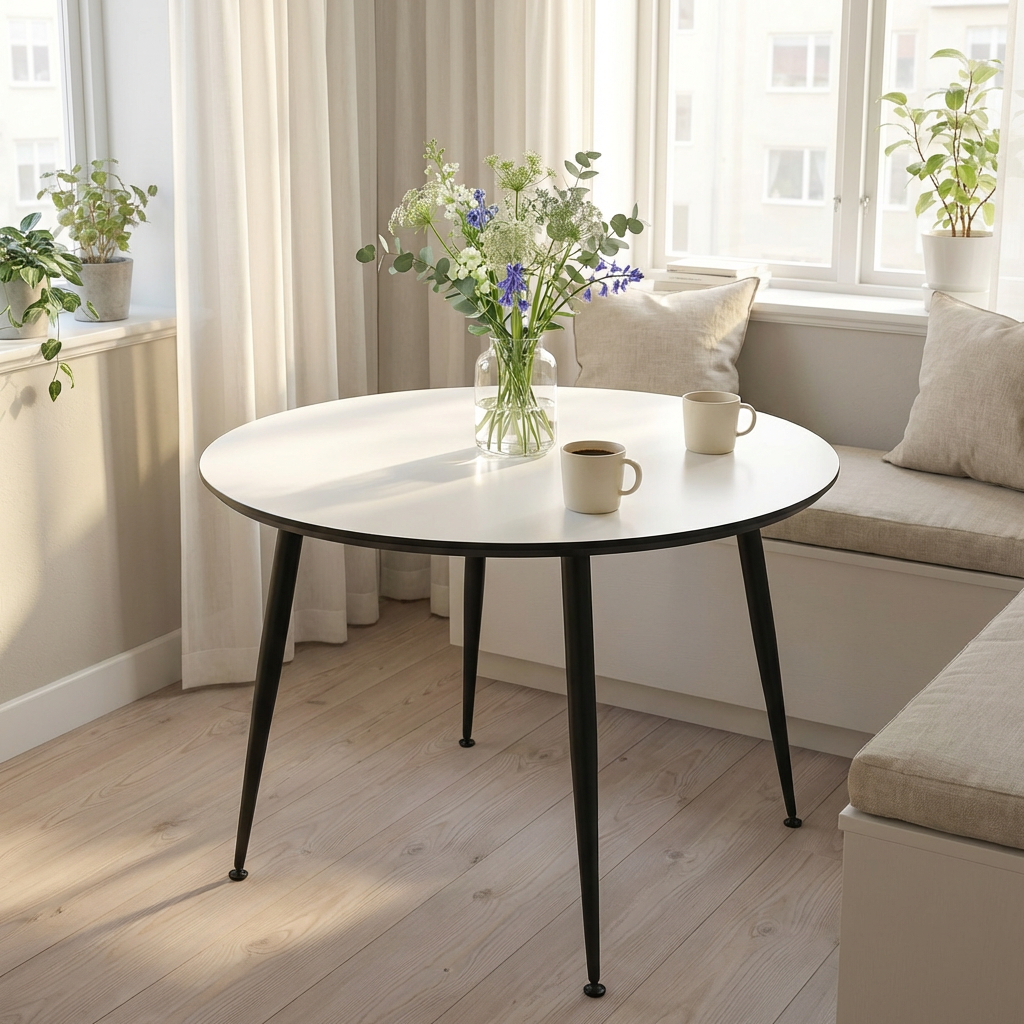 Dt 110 Spisebord   Hvid Laminat Med Sorte Metal Ben Rund   80 Cm