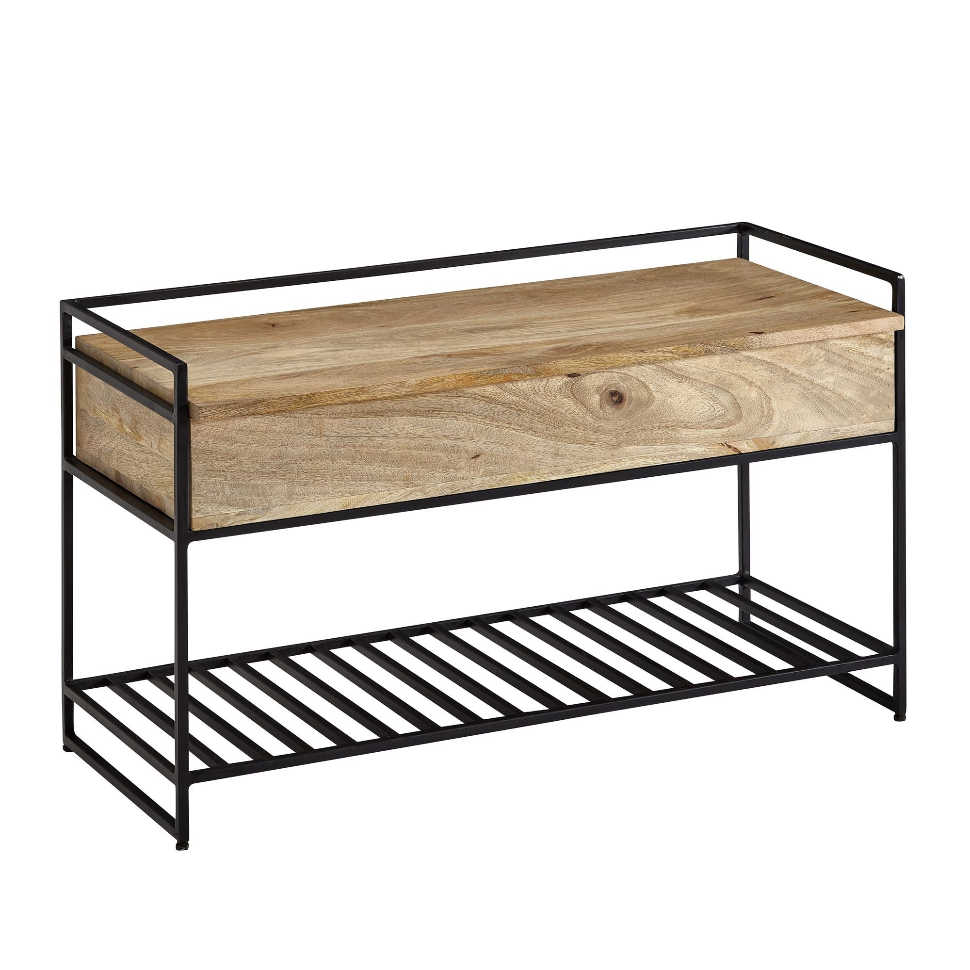 Entrébænk   Skobænk Med Opbevaringsplads  Japandi-look  Massivt Træ Og Metal  Håndlavet  90x52x38 Cm  Naturfarvet