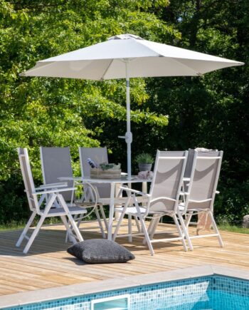 Garda Spisebordsset Med Bord  Seks Stole Og Parasol   Hvid Aluminium