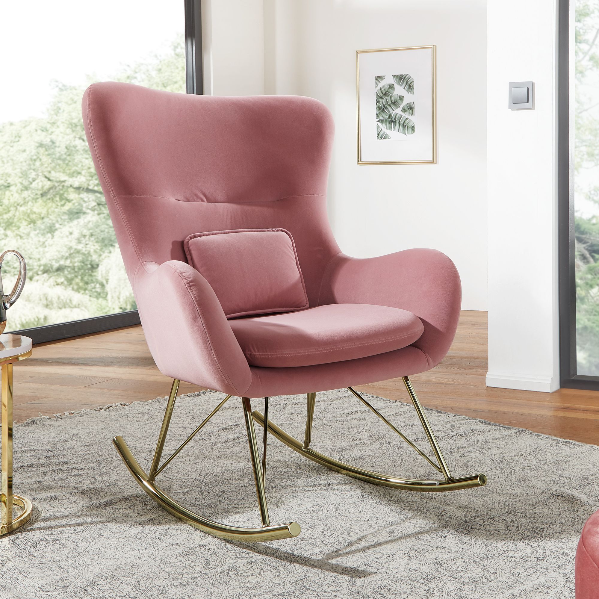 Gyngestol   Fløjl   Metal Med Gyldne Ben  Pink  74x101x89 Cm