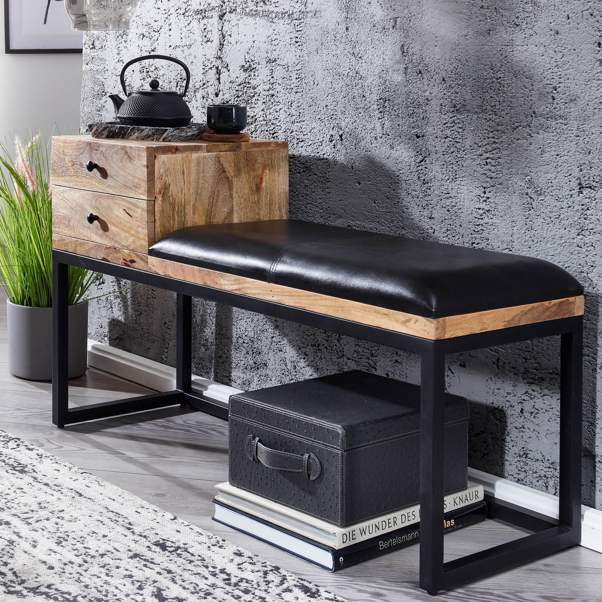 Håndlavet Entrébænk   Massivt Træ  Polstret ægte Læder  Retro-look  100x60x35 Cm  Naturfarvet Og Sort