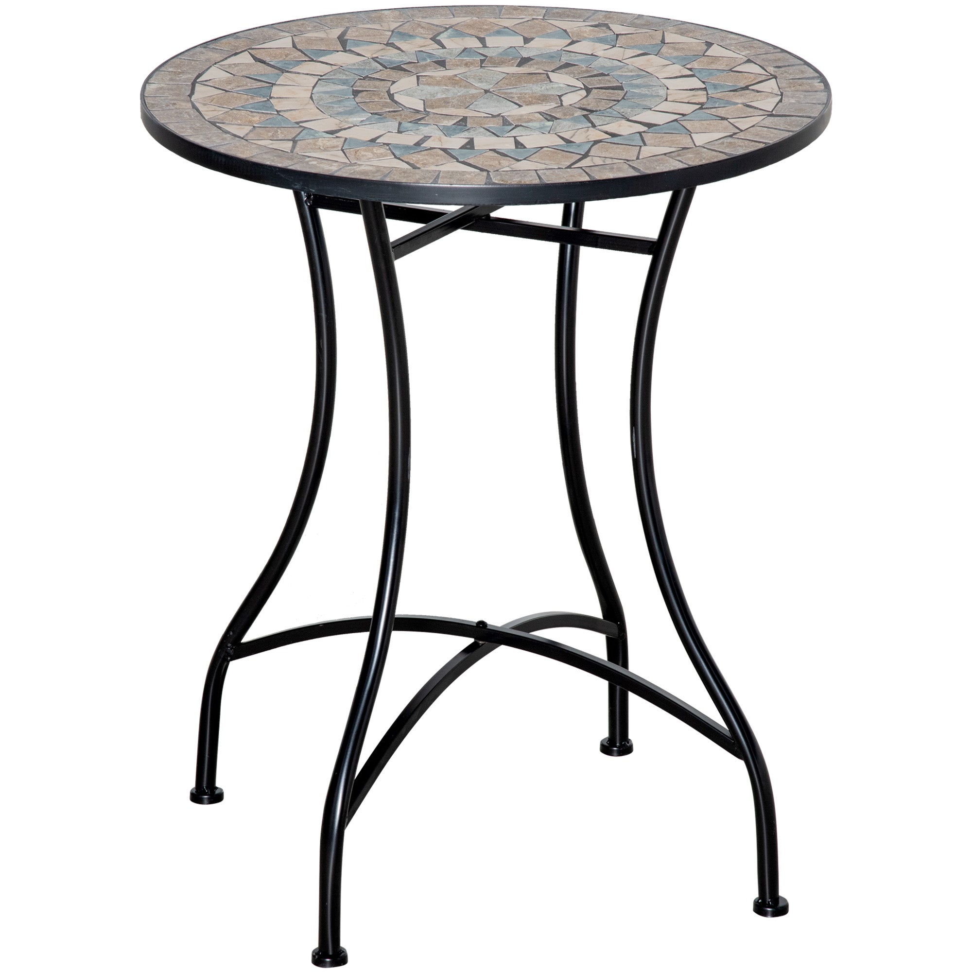 Havebord  Mosaikbord  Rundt Bistrobord  Sidebord Med Mosaikplade  Keramik  Metal  Grøn Beige Hvid  ø60 Cm