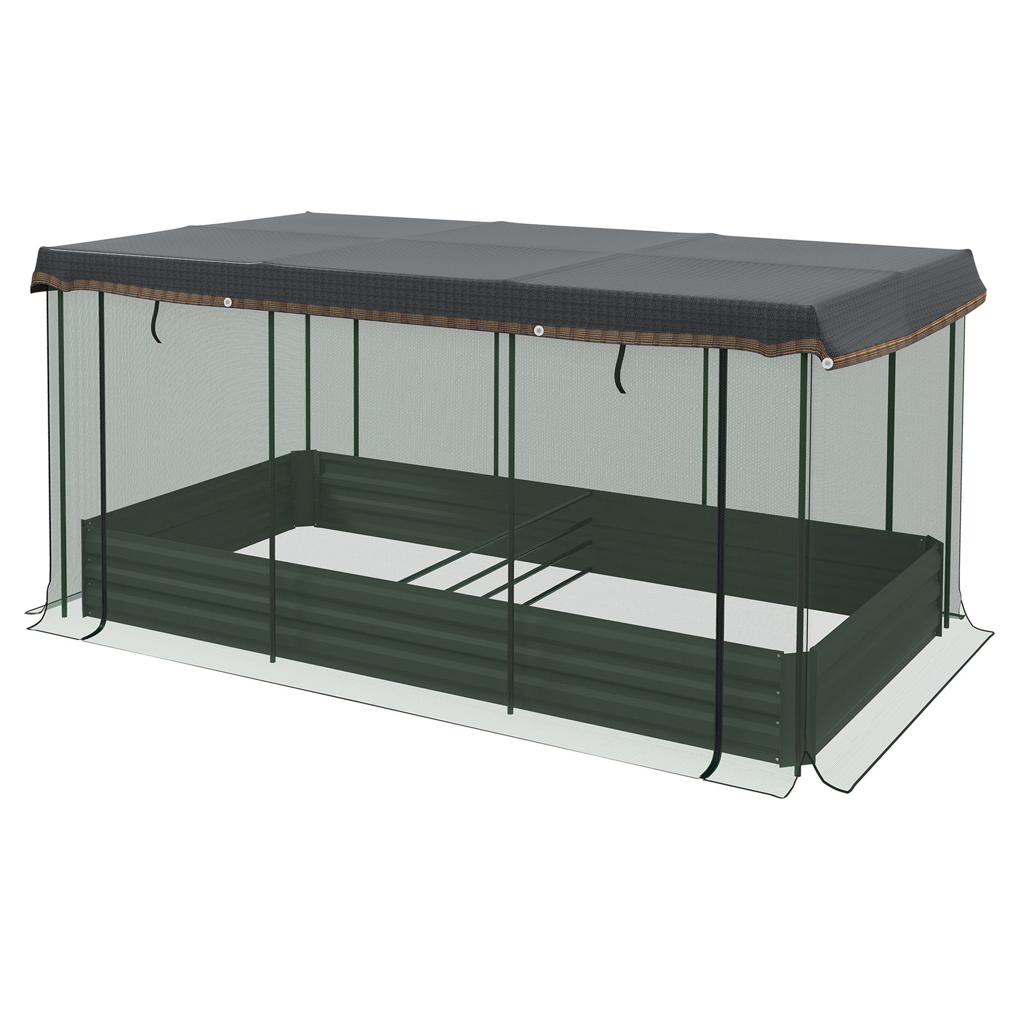 Højbed Til Solskin Med Fuglebeskyttelsesnet Og Solskærm  Metalkabinet  230x110x110 Cm  Grå Grøn Sort