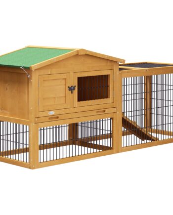 Kaninbur     Etager  Vintersikkert To-etagers Hus   Grantræ Med Udendørs Indhegning  Rampe  150x52x68 Cm  Gul