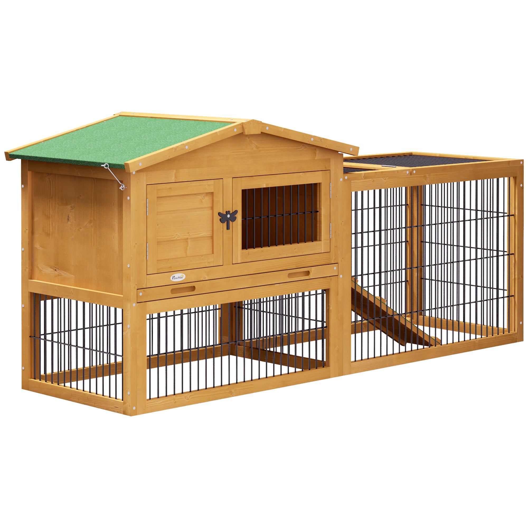 Kaninbur     Etager  Vintersikkert To-etagers Hus   Grantræ Med Udendørs Indhegning  Rampe  150x52x68 Cm  Gul
