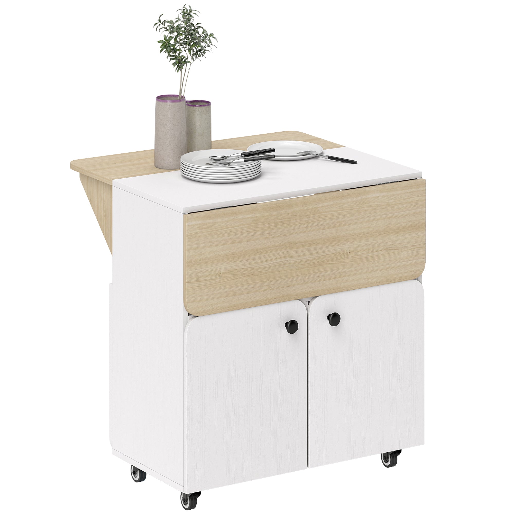 Klapbord Med Rulleskab  To Klapbordssider  Skab    Hjul  Hvid   Naturtræ  70   83   75 Cm